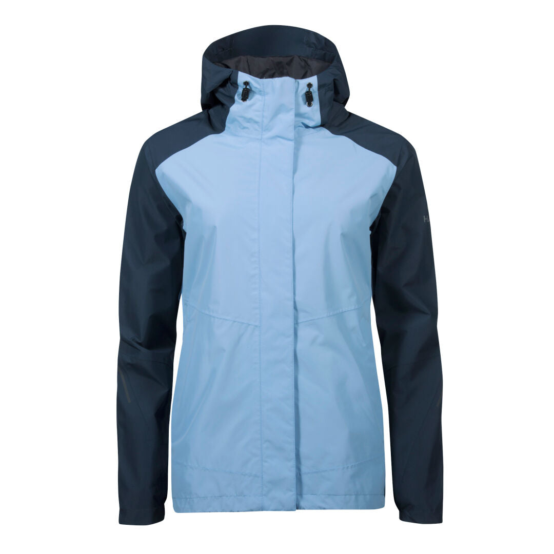 Die Halti Fort DX Regenjacke Damen in Hellblau und Dunkelblau, hergestellt mit DrymaxX, abgebildet auf weißem Hintergrund.