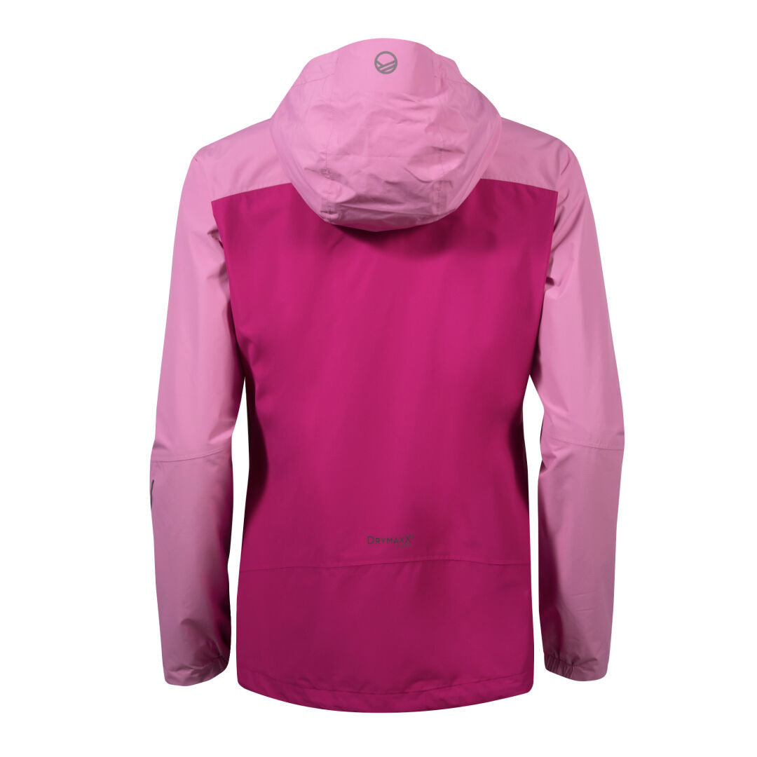 Rückansicht der Halti Fort DX Regenjacke Damen in Pink/Magenta, lange Ärmel, dezente Logos, recyceltes Polyester.