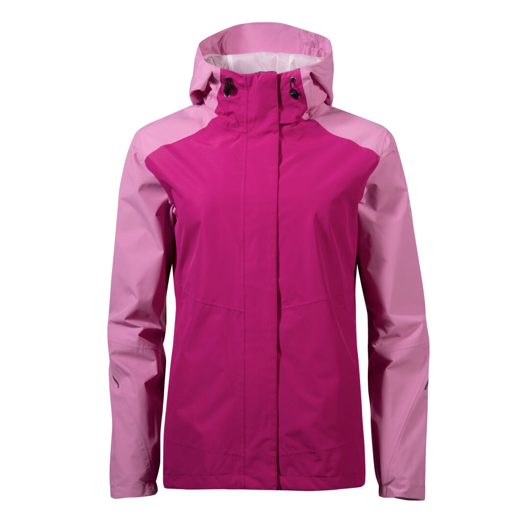 Die Halti Fort DX Regenjacke Damen in Pink/Hellrosa aus recyceltem Polyester verfügt über einen Frontreißverschluss.