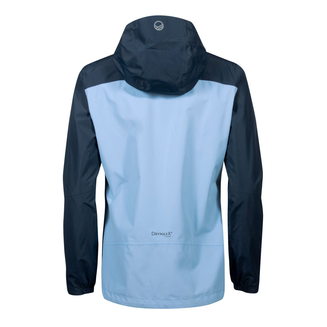Die Fort Plus Damen DrymaxX Regenjacke von Halti wird von hinten mit langen Ärmeln und einem Logo auf der Kapuze gezeigt.