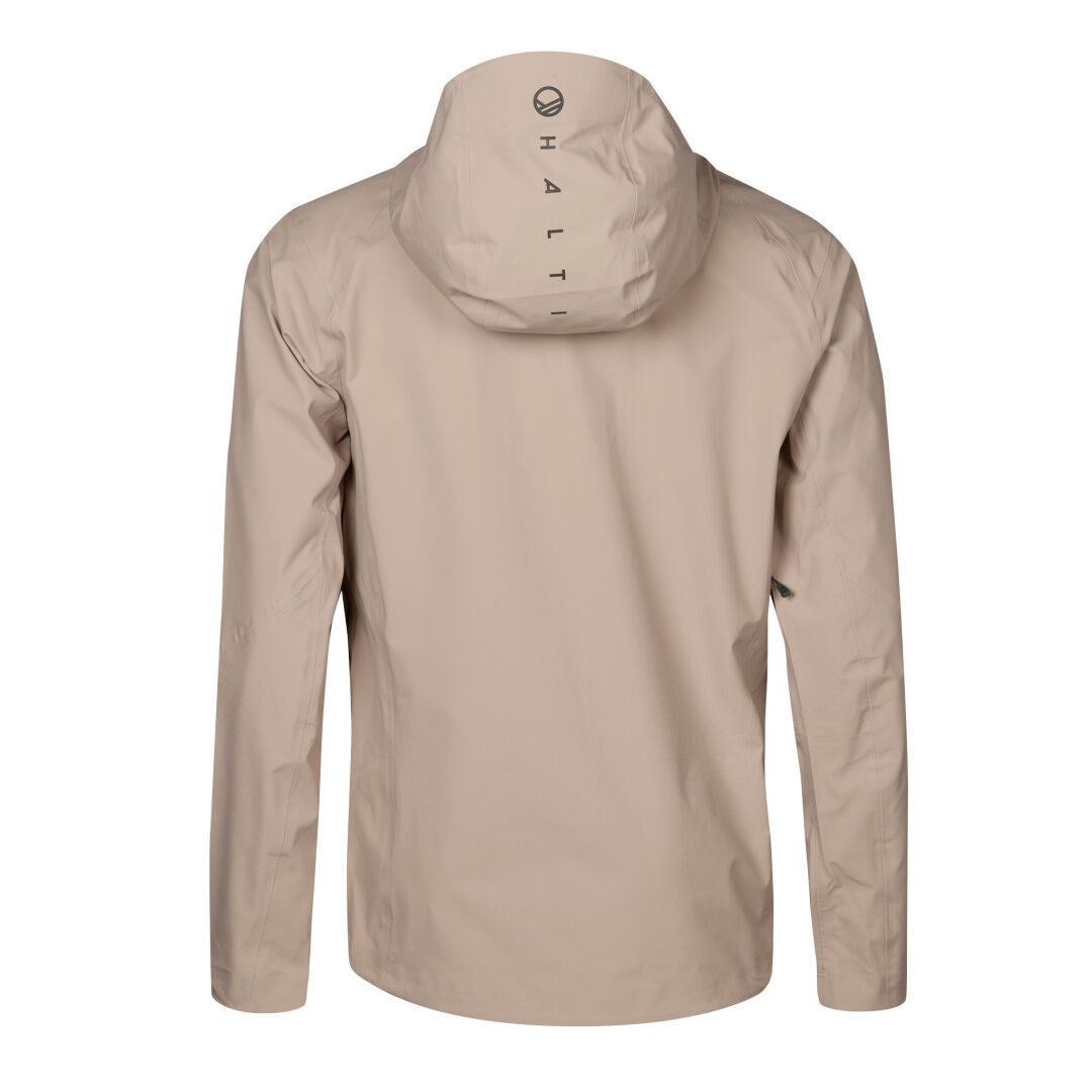 Eine beige Kaarna Herren DrymaxX 3L Regenjacke von Halti, langärmlig, von hinten gezeigt mit HALTI auf der Kapuze.