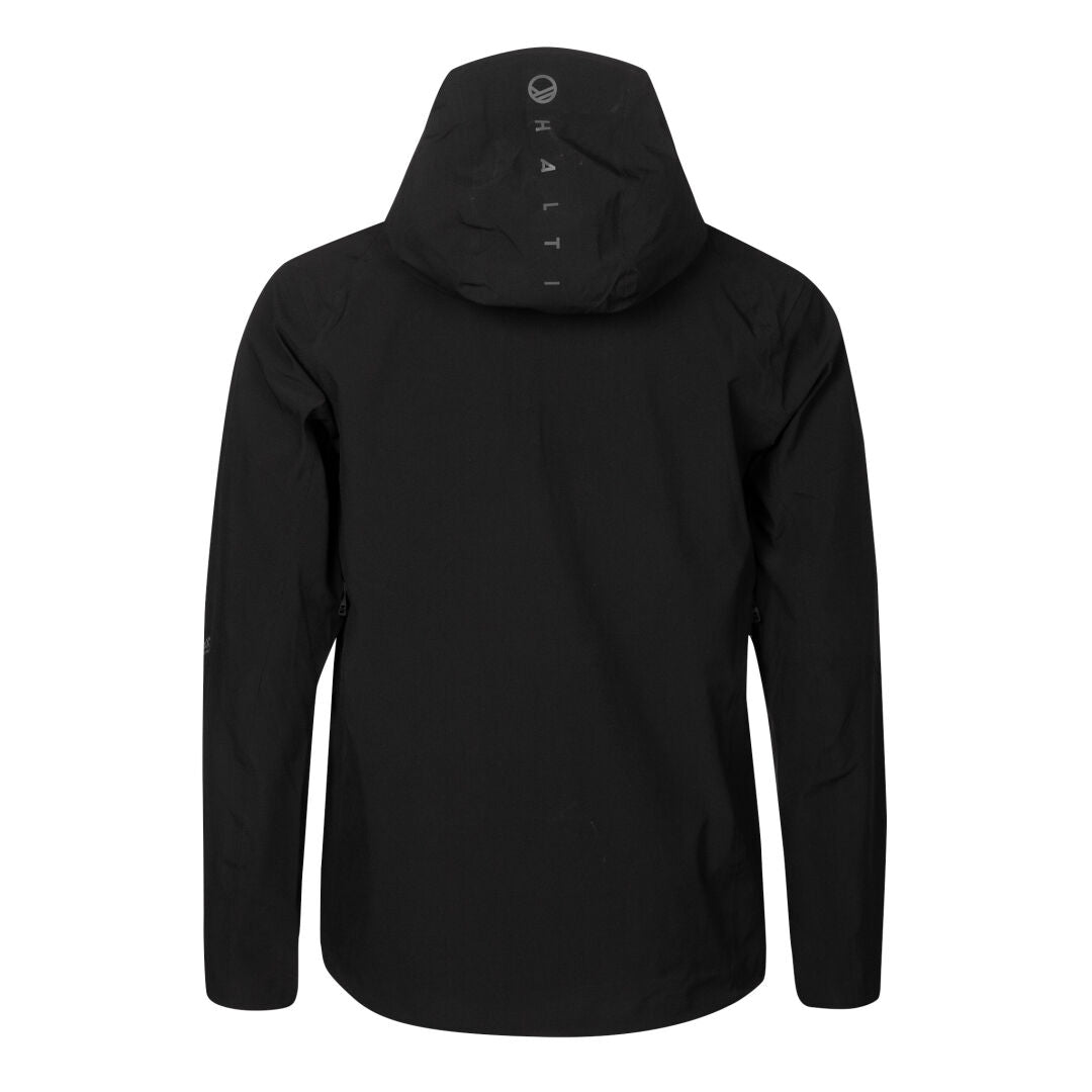 Halti Kaarna Herren DrymaxX 3L Regenjacke in Schwarz, Rückansicht mit HALTI auf der Kapuze – ideal für Outdoor-Aktivitäten.