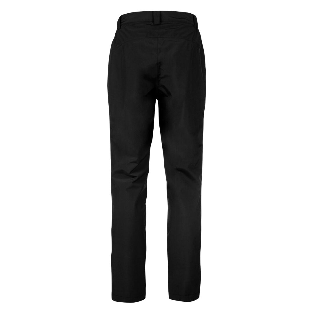 Halti Koski Herren DrymaxX Regenhose in Schwarz, mit geradem Bein und schlichtem Bund, von hinten vor weißem Hintergrund.