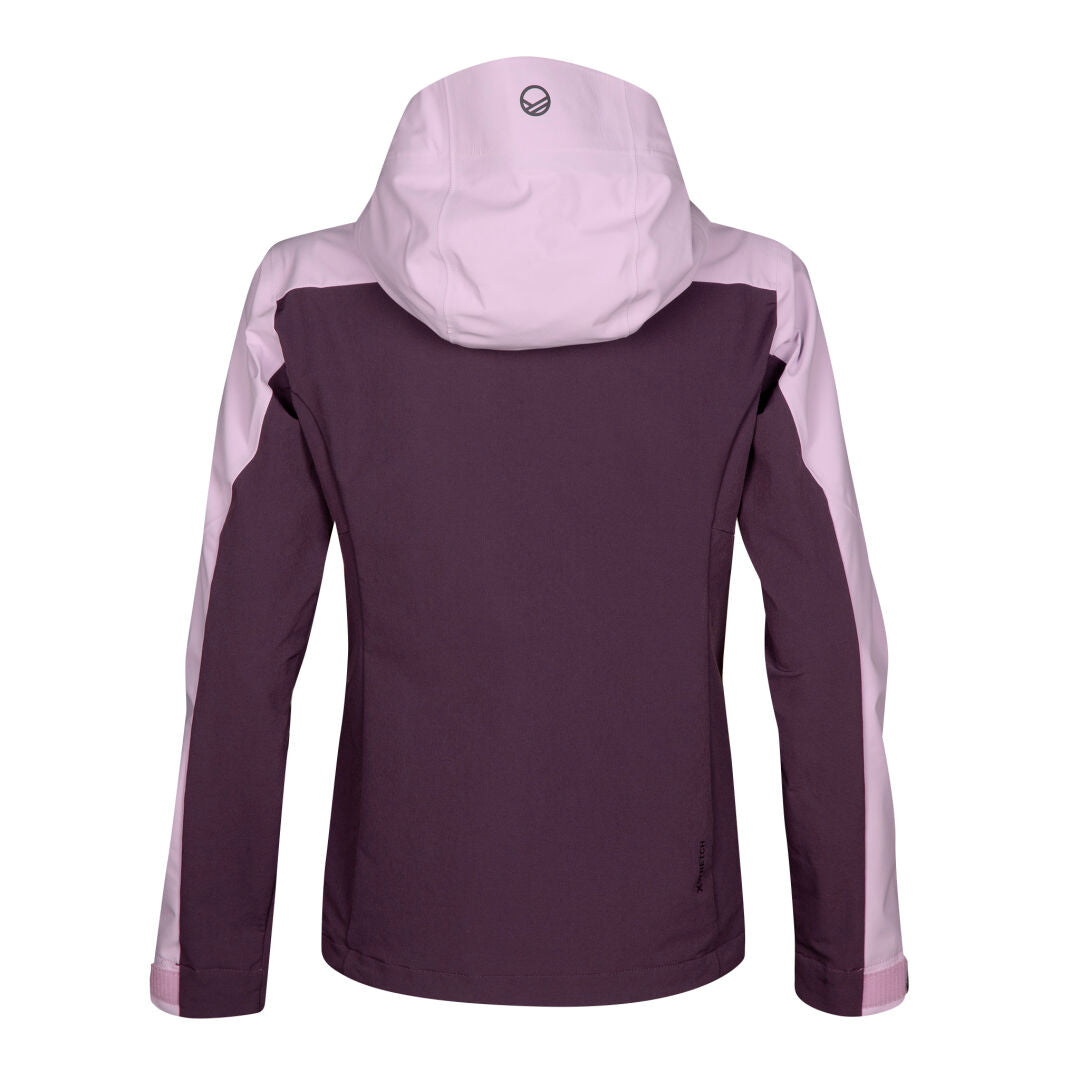 Die Halti Pallas III Damen Warm Hybrid Jacke, hinten gezeigt, mit Kapuze, lila Rumpf und pinken Ärmeln.