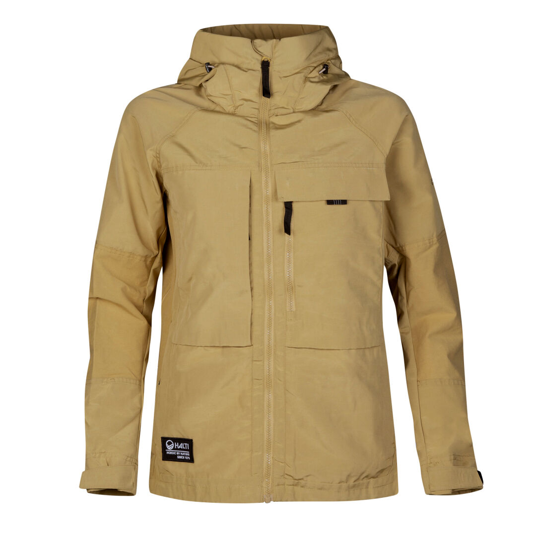 Halti Hiker Damen Ventilated Jacke: Hellbraun, Kapuze, Reißverschluss vorne, Brust-/Pattentaschen, schwarzer Logoaufnäher.