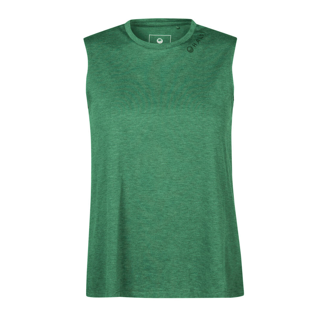 Lehti Damen Top von Halti: ärmellos, grün, Rundhalsausschnitt, recyceltes Material; abgebildet auf weißem Hintergrund.