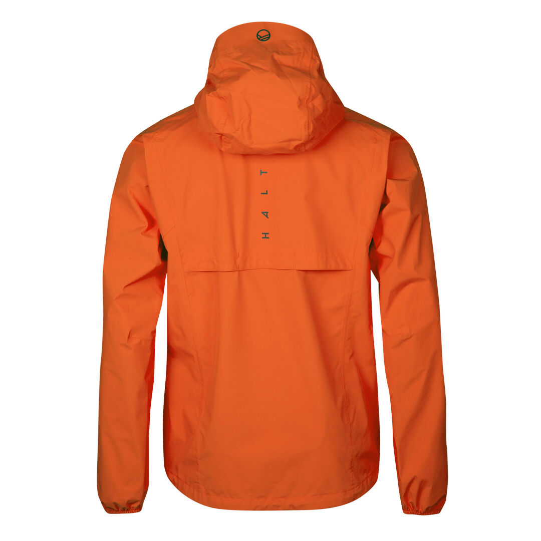 Rückansicht einer orangefarbenen Halti Lastu II Herren DrymaxX 2,5L Regenjacke mit vertikalem HALTI-Aufdruck auf dem oberen Rücken.
