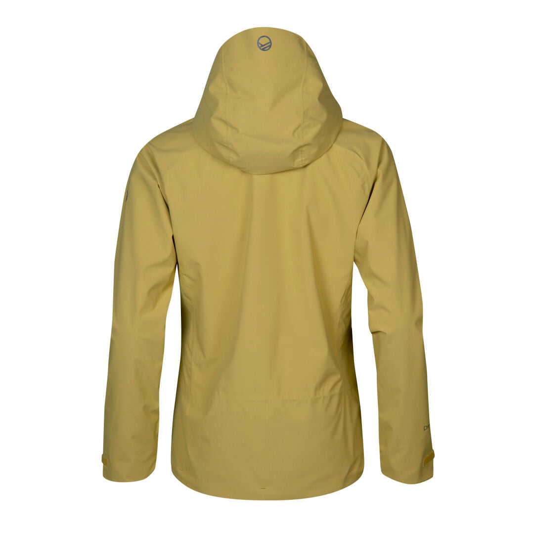 Die Alma Damen DrymaxX Regenjacke von Halti in Gelb wird von hinten auf weißem Hintergrund gezeigt.