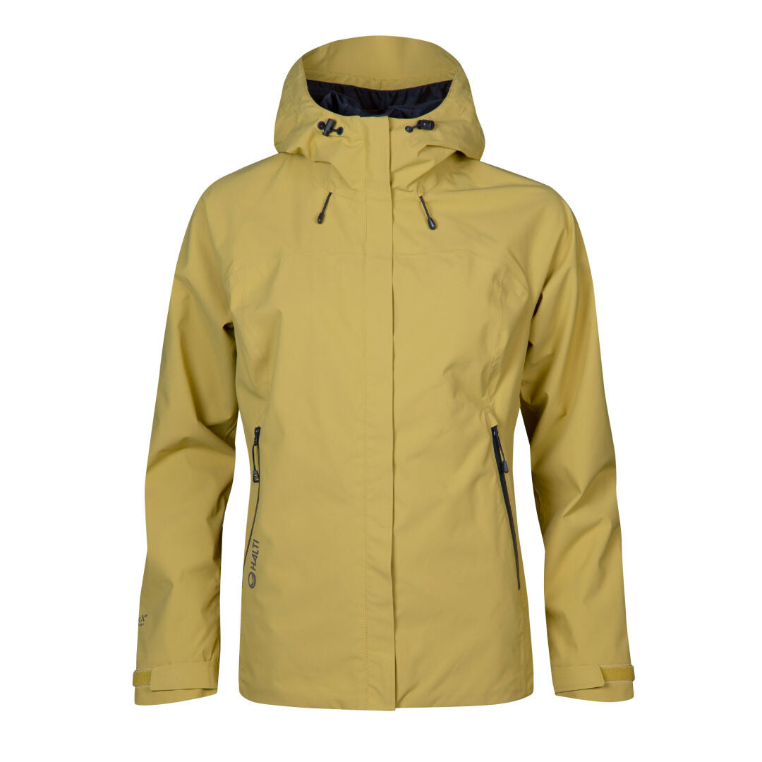 Die Halti Alma Damen DrymaxX Regenjacke in Gelb hat schwarze Reißverschlusstaschen und verstellbare Funktionen, dargestellt auf Weiß.
