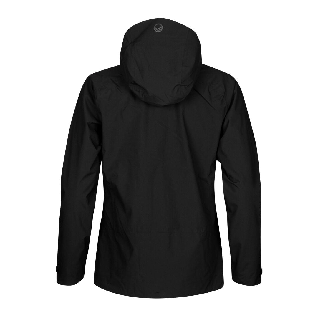 Die Halti Alma Damen DrymaxX Regenjacke in Schwarz mit Kapuze ist von hinten vor weißem Hintergrund zu sehen.