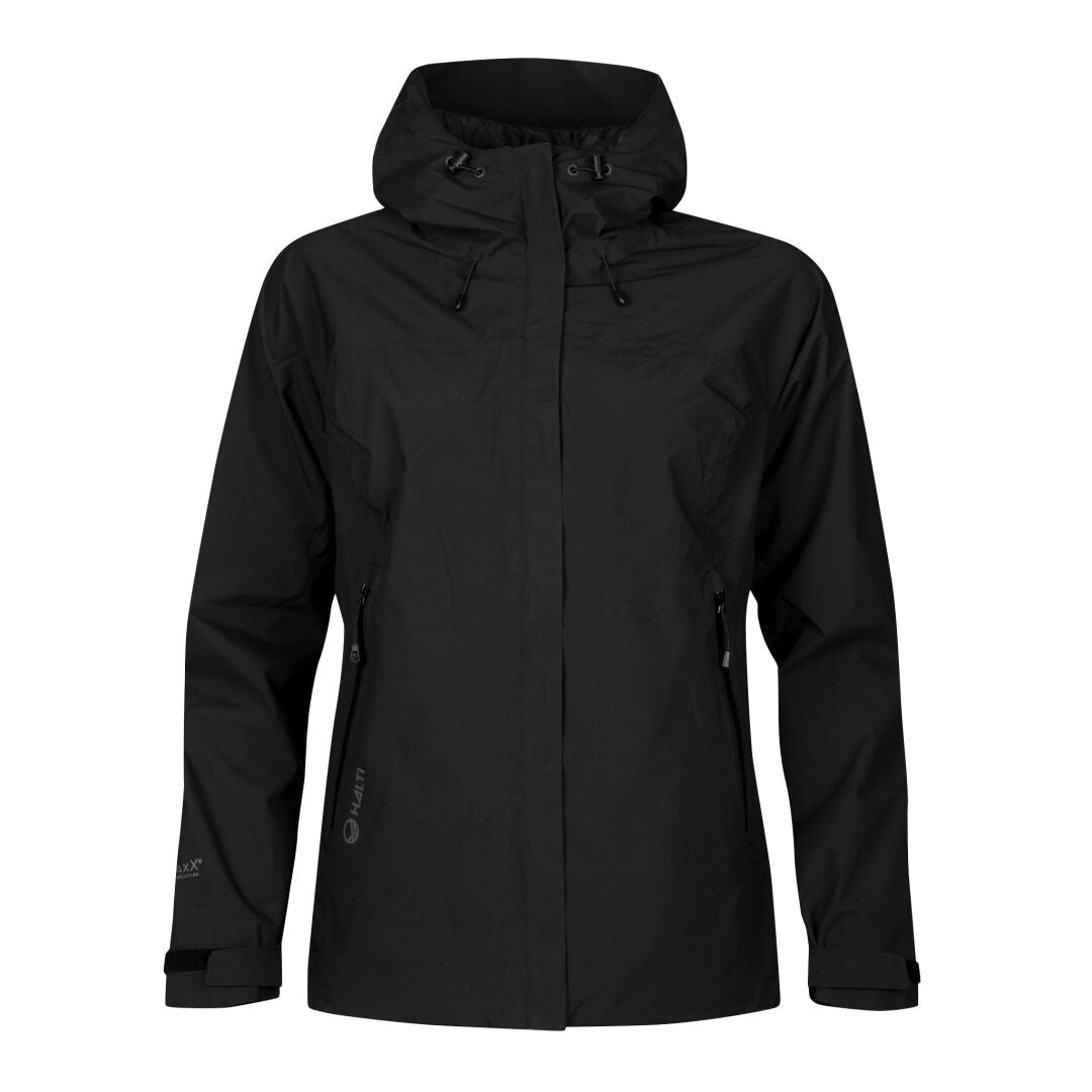 Halti Alma Damen DrymaxX Regenjacke: schwarz, wasserdicht, atmungsaktiv, Frontreißverschluss, verstellbare Ärmel.