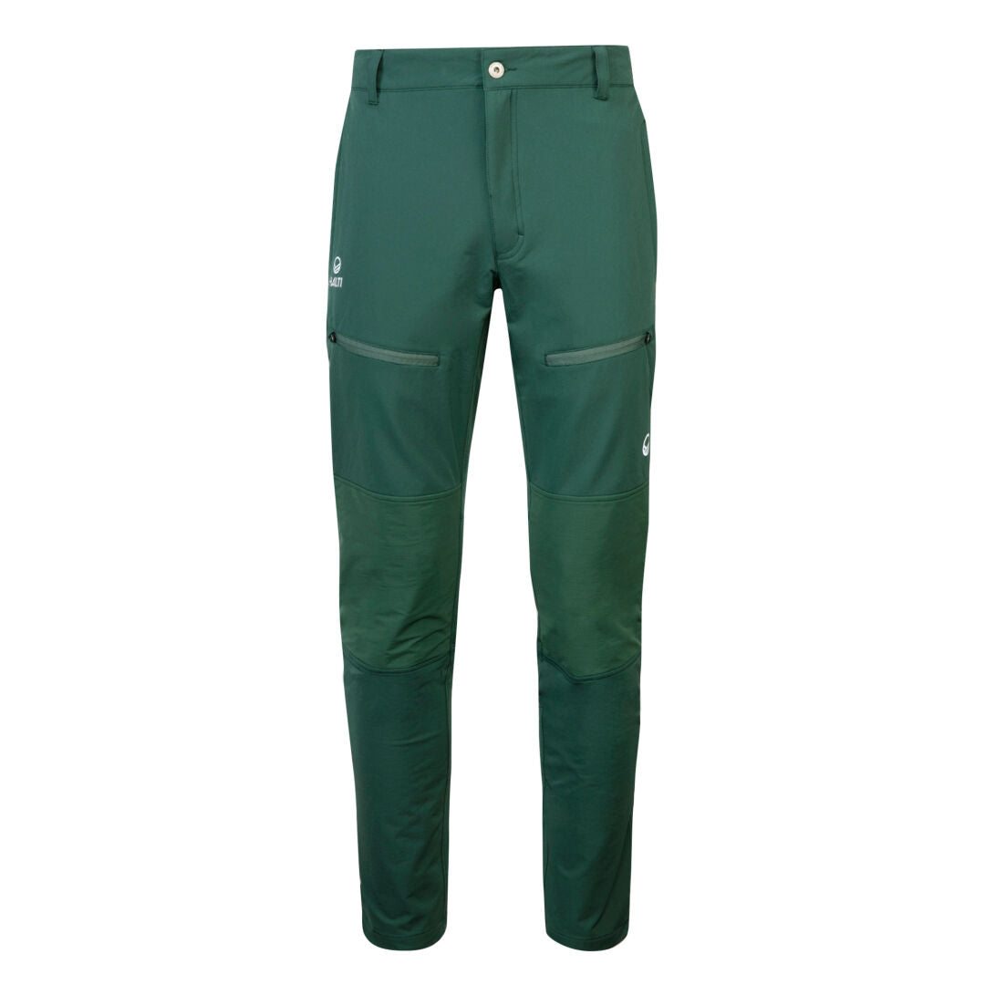 Halti Pallas III Warm X-Stretch Herrenhose in Grün mit Reißverschlusstaschen und verstärkten Knien vor weißem Hintergrund.