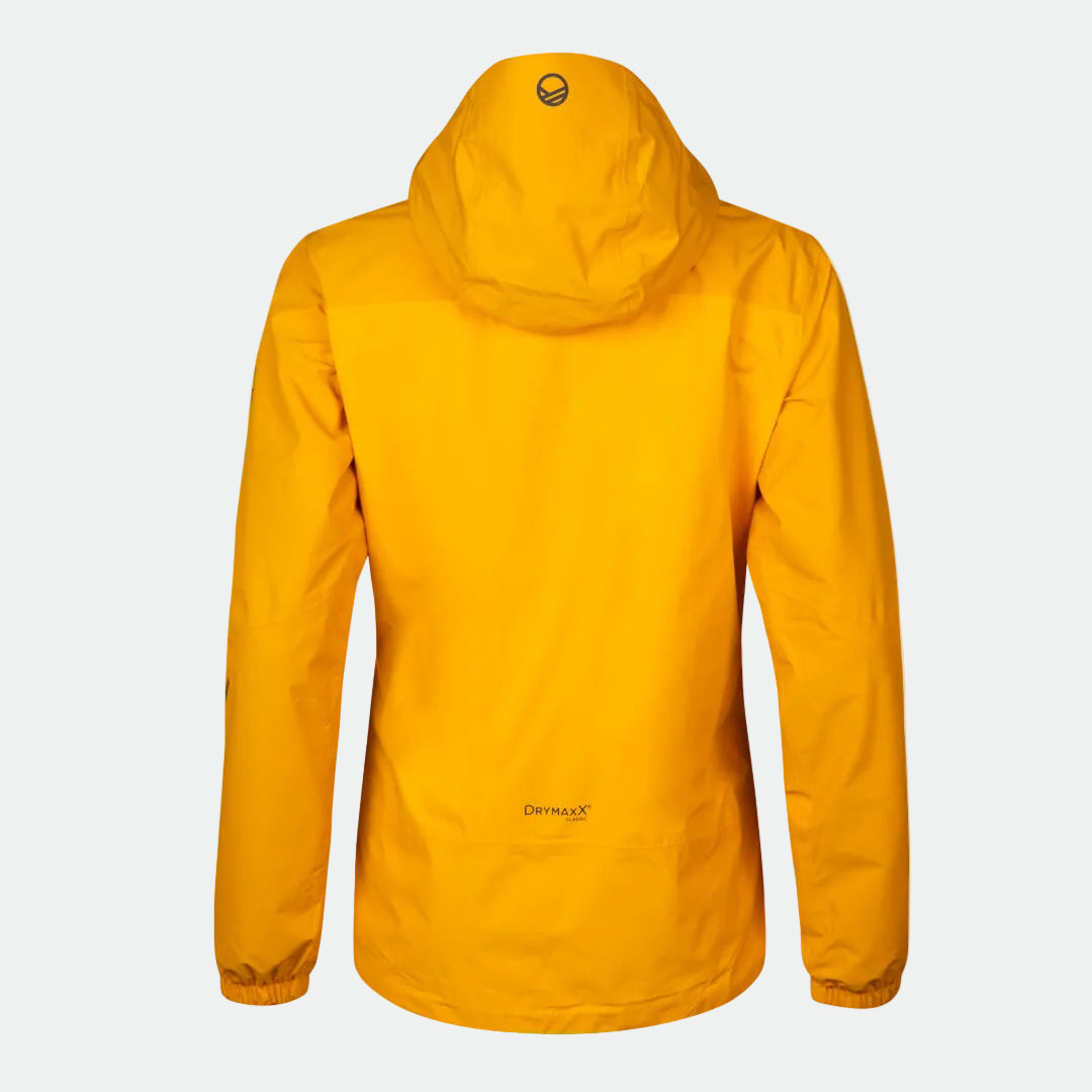 Eine gelbe Halti River Damen DrymaxX Regenjacke von hinten, die sich durch ihr wasserdichtes Design auszeichnet.