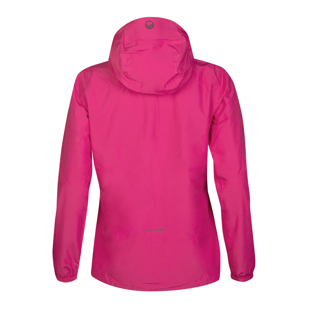 Die Halti River Damen DrymaxX Regenjacke ist eine leuchtend pinke Regenjacke mit Kapuze, langen Ärmeln und einem reflektierenden Logo am Saum.