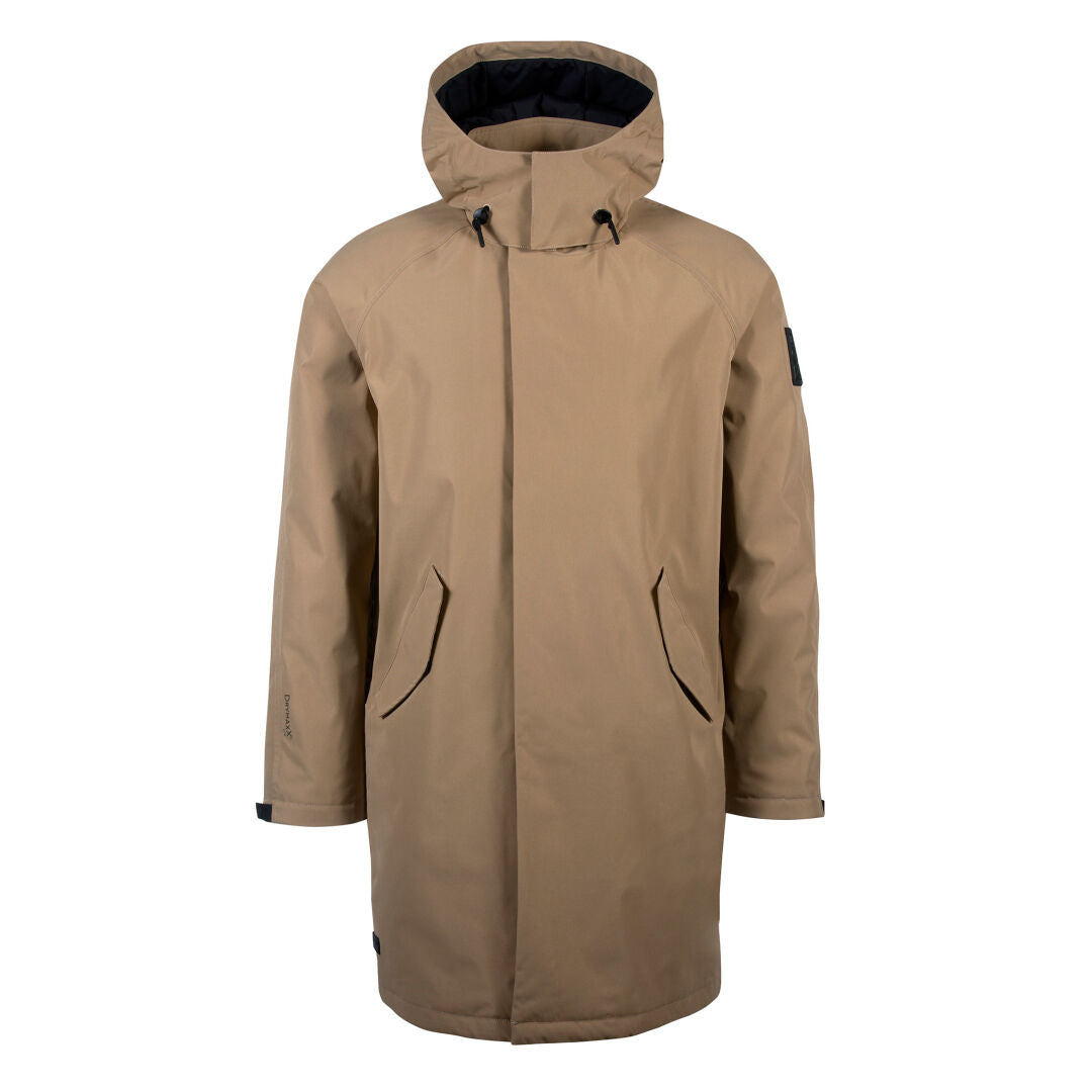 Die Halti Flemari DX Parka Jacke Herren ist eine hellbraune, langärmelige, wasser- und winddichte Jacke mit Fronttaschen.
