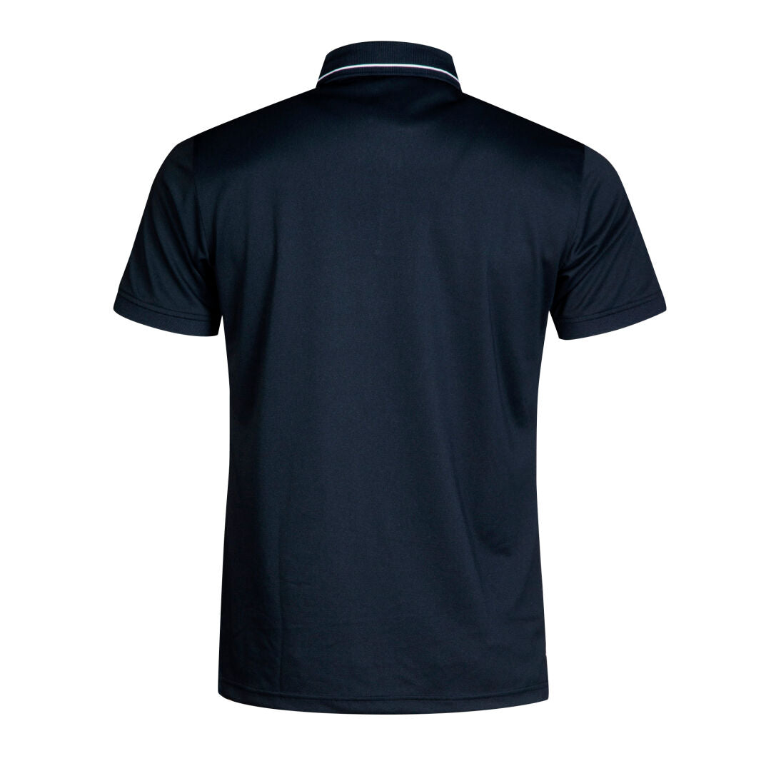 Halti Laine Technisches Poloshirt Herren in Marine, von hinten dargestellt, mit hellbesetztem Kragen und Manschetten.