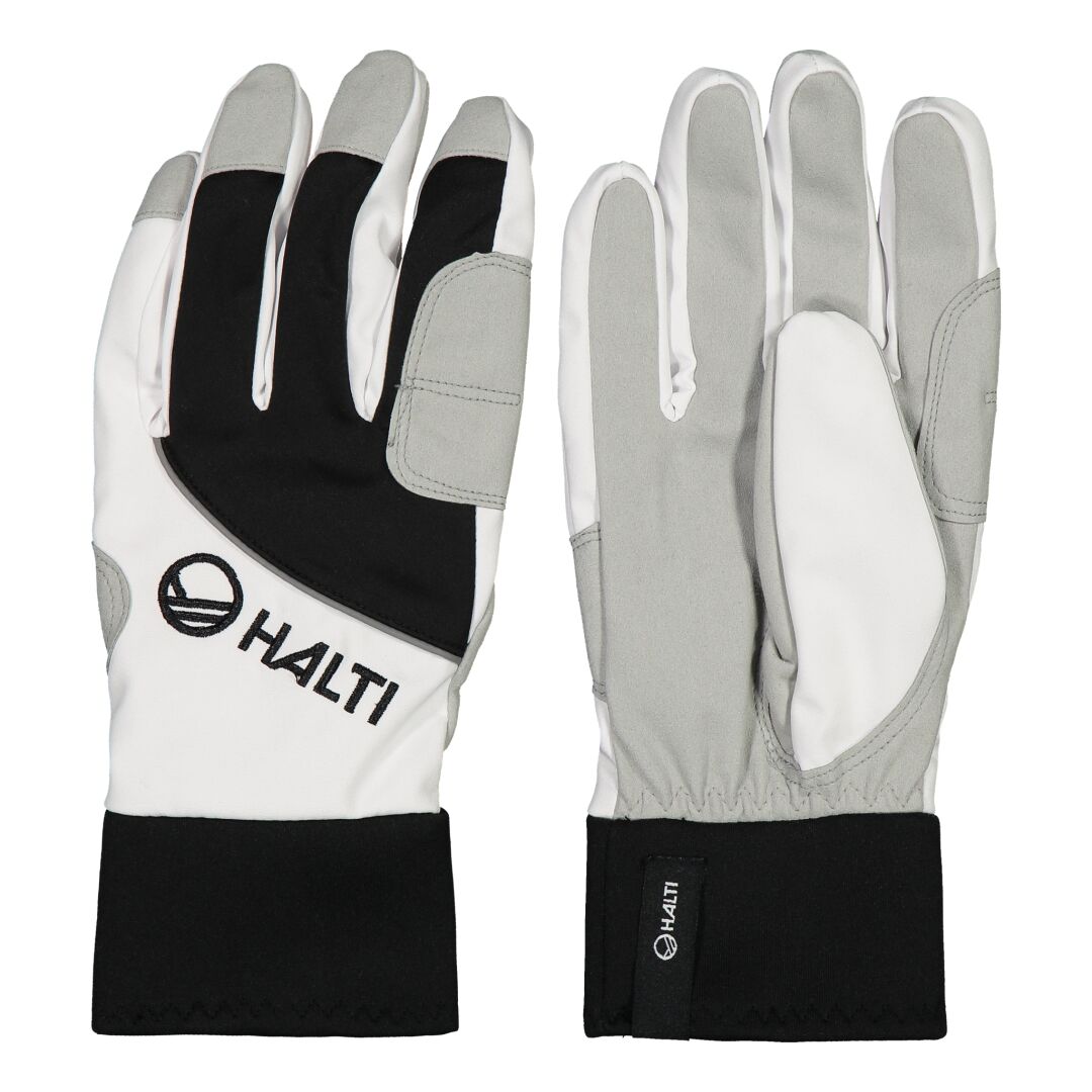 Ein Paar Halti Kide Handschuhe, deren Handflächen und Handrücken vor einem weißen Hintergrund sichtbar sind.