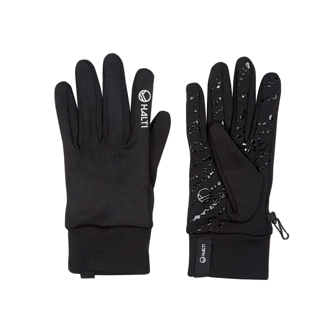 Ein Paar Halti Kunnar Recy Handschuhe; einer zeigt das Logo, der andere hat eine strukturierte Handfläche für besseren Halt im Freien.