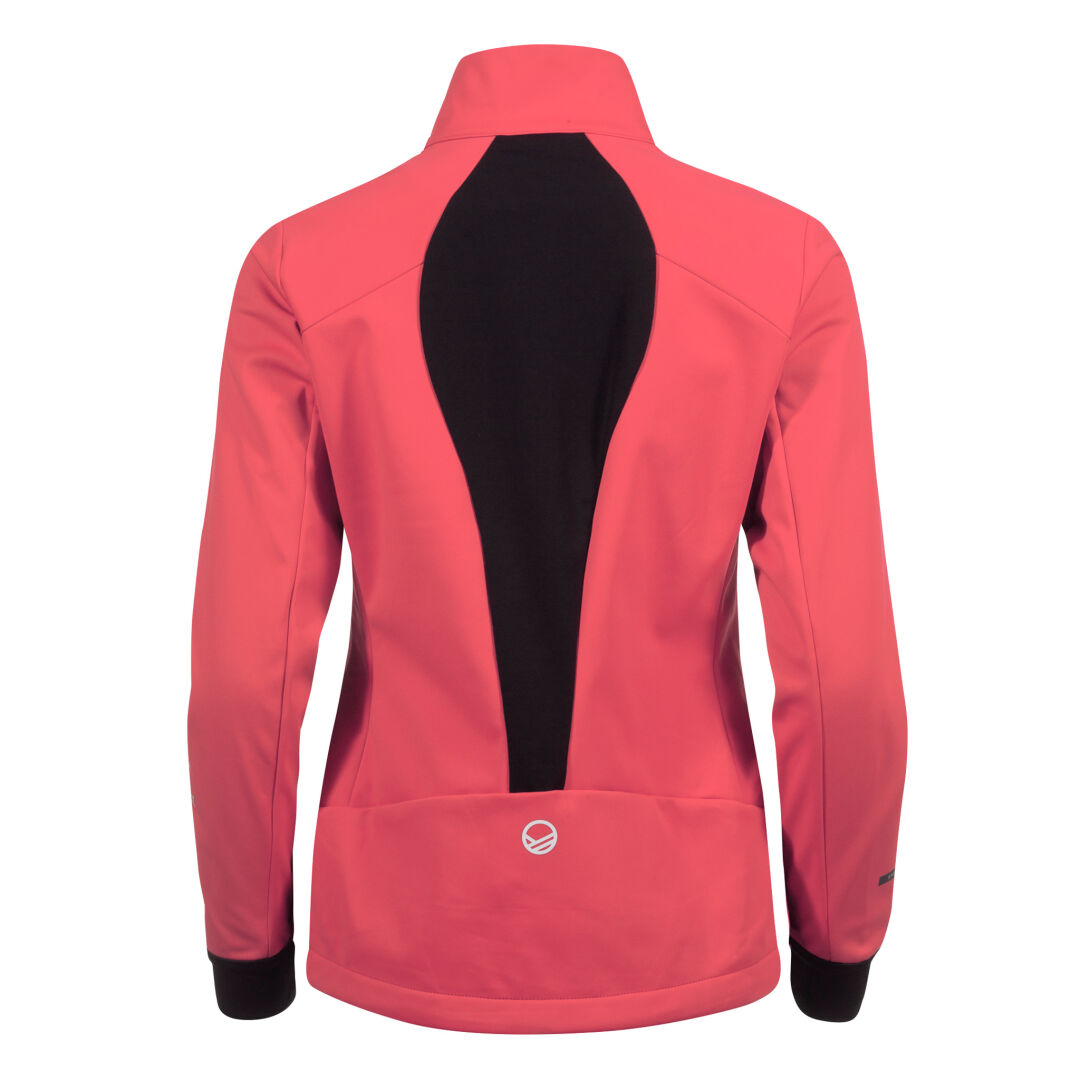 Das Vire Damen Langlauf Softshell-Set von Halti besteht aus einer rosa Jacke mit schwarzen Stormwall®-Einsätzen, von hinten gezeigt.
