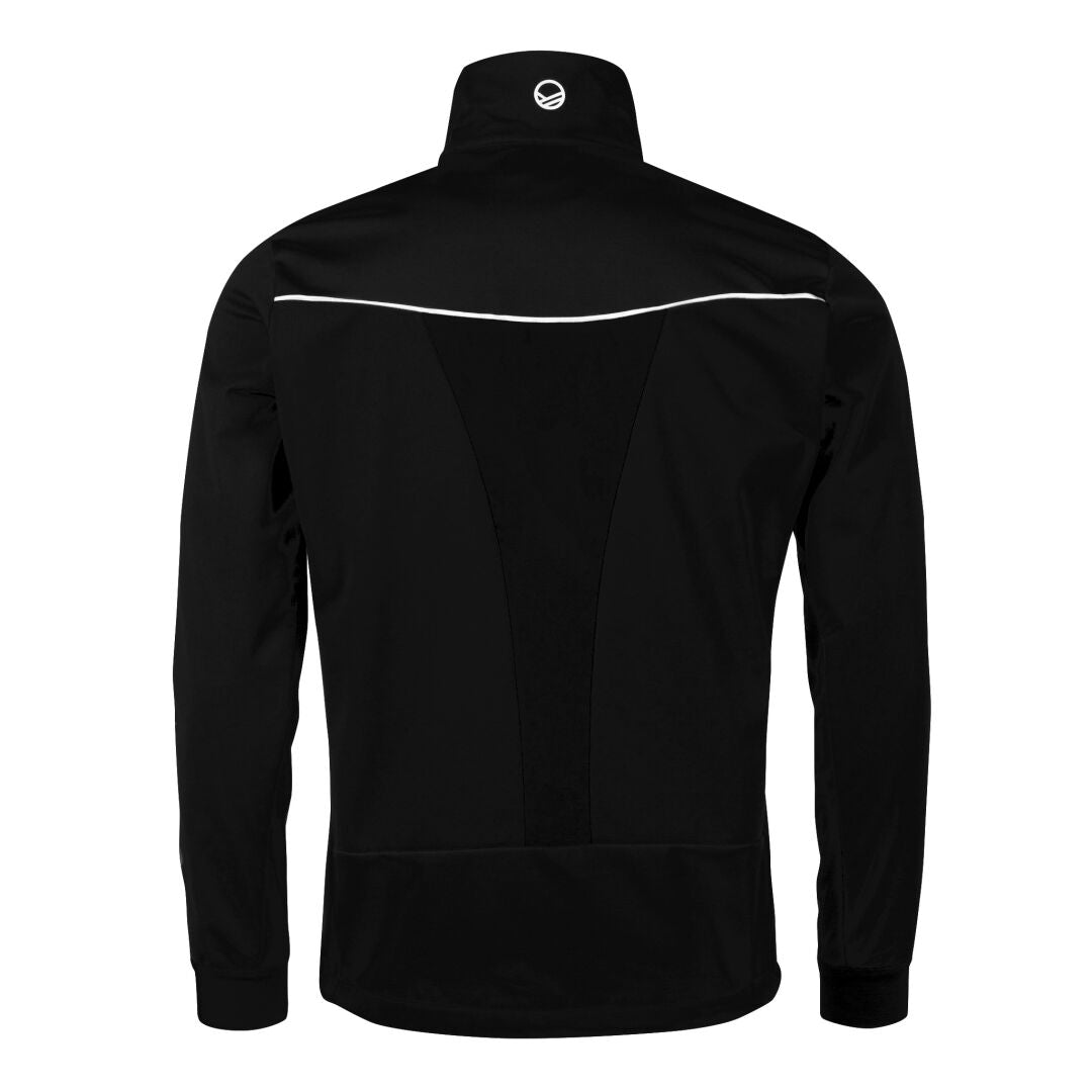 Das Halti Vire Herren Langlauf-Set: schwarze Jacke mit langen Ärmeln, hohem Kragen, weißer Paspelierung und Logo oben auf dem Rücken.