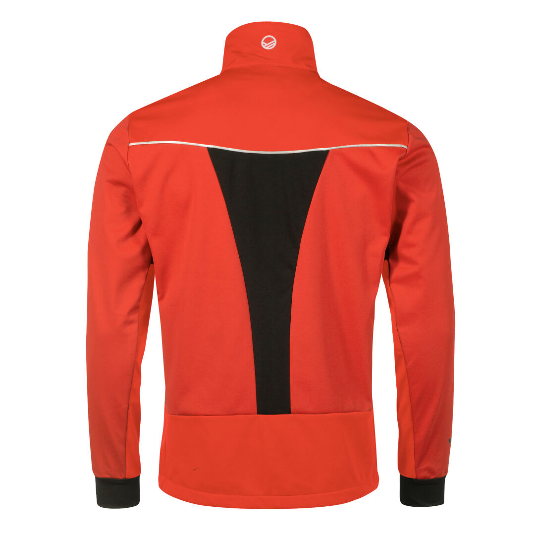 Das Halti Vire Herren-Langlauf-Set besteht aus einer roten Jacke mit langen Ärmeln, schwarzen Akzenten auf der Rückseite und einem weißen Streifen.