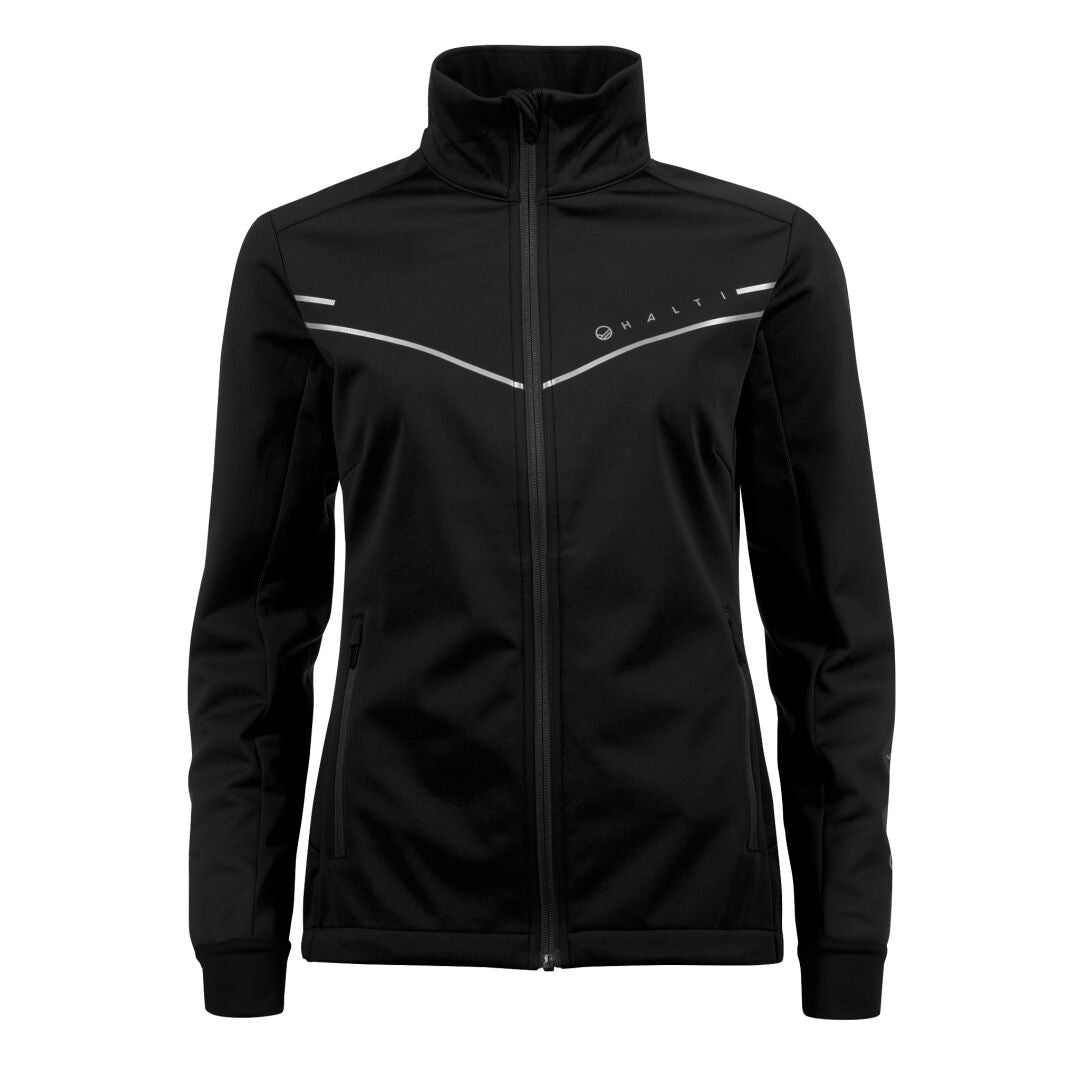 Das Halti Vire Plus Damen Langlauf Softshell-Set ist ein schwarzes Reißverschluss-Set mit weißen Linien aus Stormwall®-Stretchmaterial.