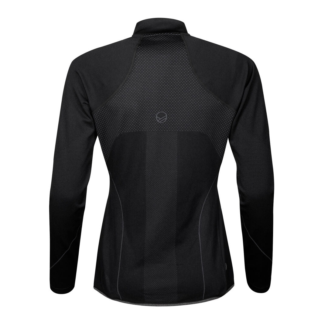 Rückansicht der Halti Tracks Damen Seamless Jacke in Schwarz mit strukturiertem Stoff, perfekt für Outdoor-Workouts.