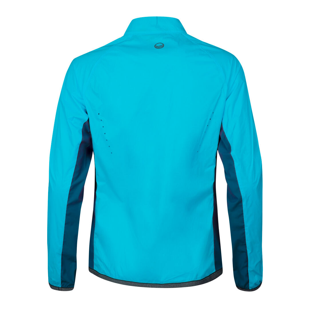 Die Halti Control Damen Windbreaker Jacke in leuchtendem Blau mit dunklen Seitenteilen ist von hinten auf Weiß abgebildet.