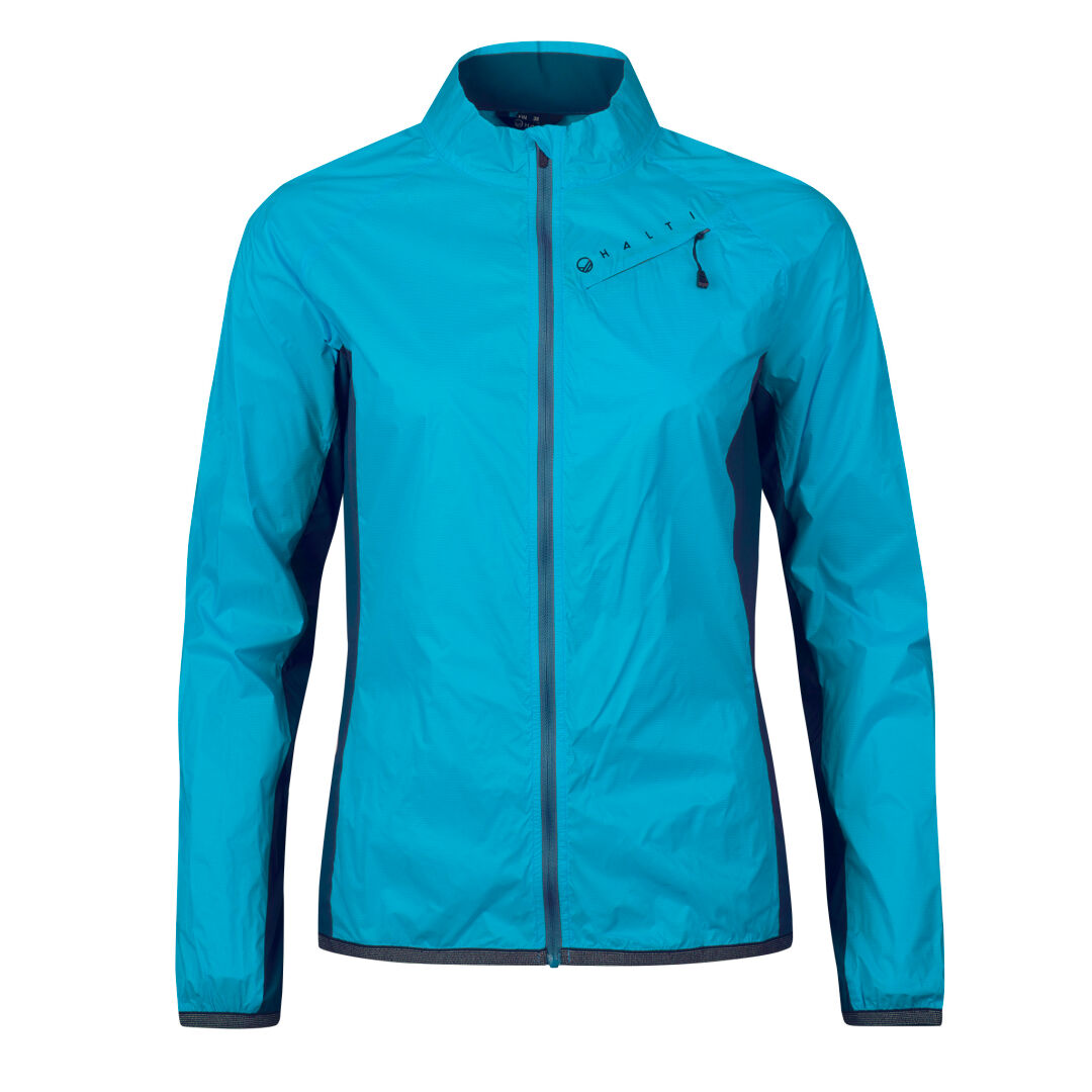 Halti Control Damen Windbreaker Jacke in Blau mit langen Ärmeln, hohem Kragen und schwarzem Besatz an Reißverschluss und Bündchen.