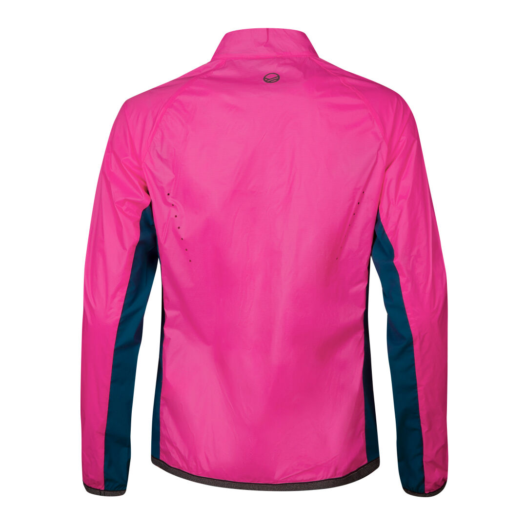 Eine Rückansicht der Halti Control Damen Windbreaker Jacke in Pink mit dunkelblauen Einsätzen, hergestellt aus Graphene Taffeta Recy.