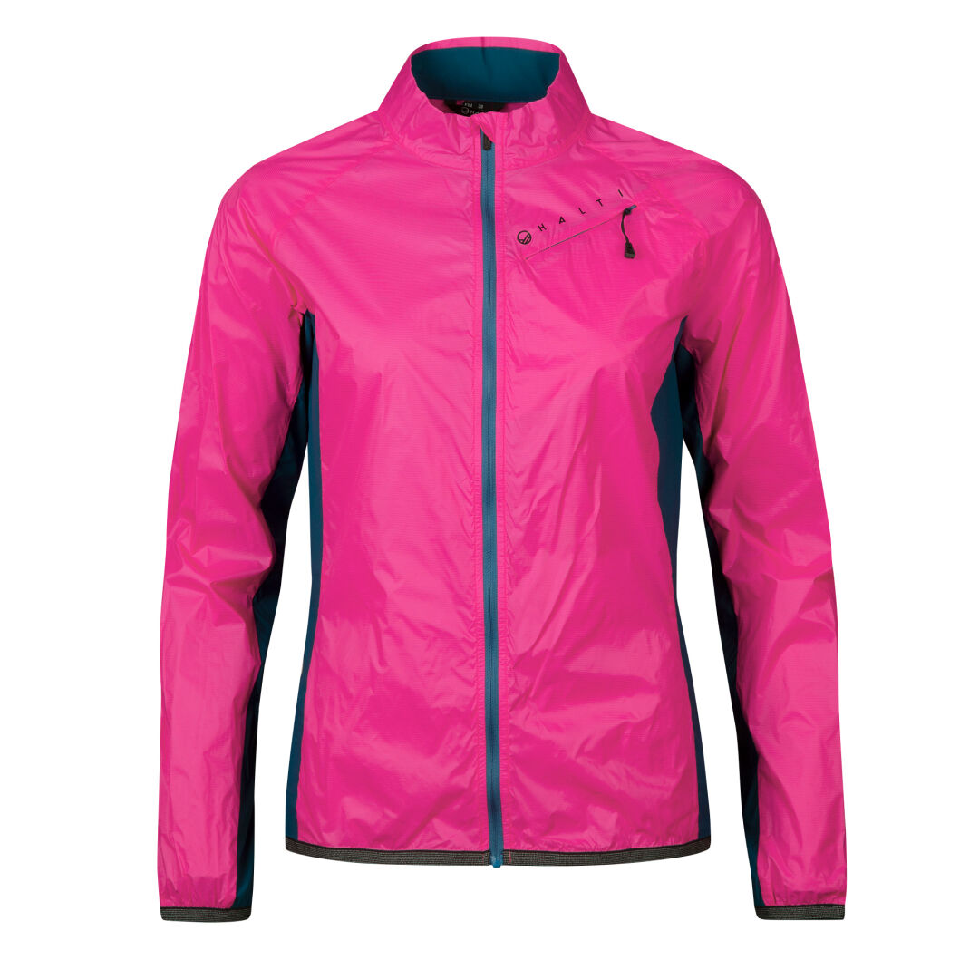 Vorderansicht der Halti Control Damen Windbreaker Jacke in Pink mit dunkelblauen Seitenteilen und hohem Kragen.