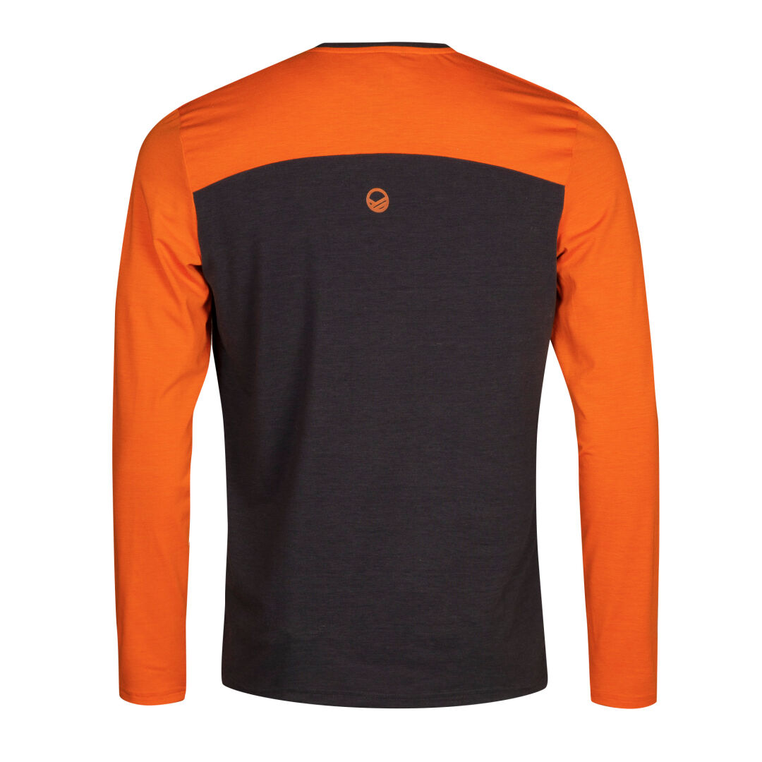 Halti Core Herren Shirt: Atmungsaktiv, orange Ärmel und Rücken, dunkelgraue Vorderseite, Rückansicht.