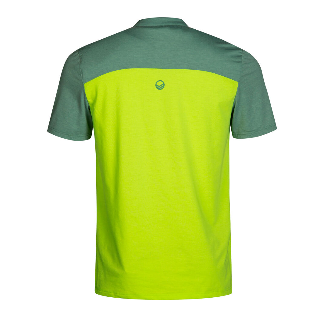 Das Halti Core Herren-T-Shirt präsentiert einen grün-gelben Farbblock aus Tech Wool, ideal für Multisport-Aktivitäten.