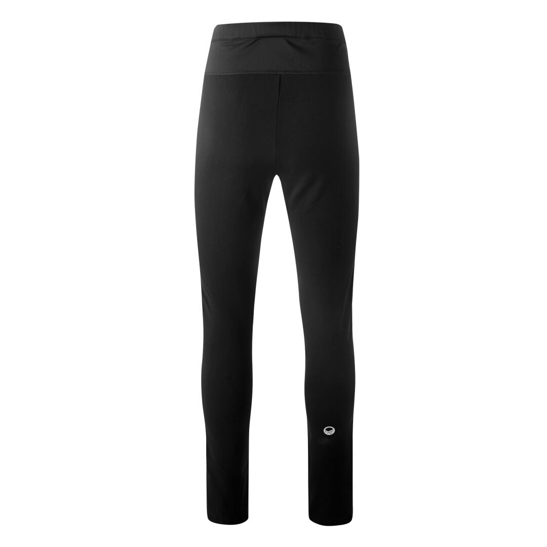 Halti Isku II Plus Damen Langlaufhose in Schwarz aus recyceltem Polyester, hoher Bund, Logo am Unterschenkel, Rückansicht.