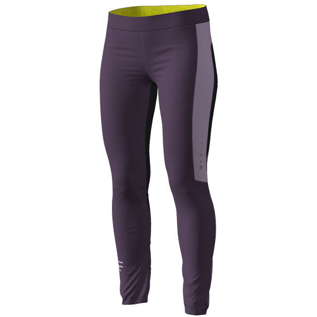 Halti Veloce Langlaufhose Damen: violette Sportleggings mit hellvioletten/schwarzen Seiteneinsätzen aus Stormwall®-Stretch.