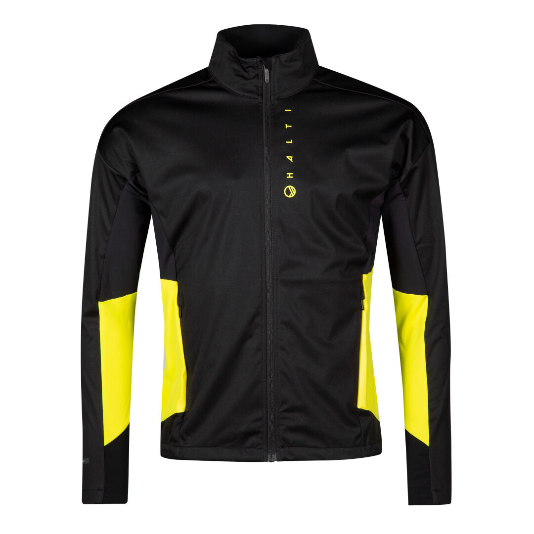Halti Veloce Langlaufjacke Herren: Schwarz, gelbe Einsätze, vertikaler Text auf der Brust, Stormwall®-Stretchmaterial.