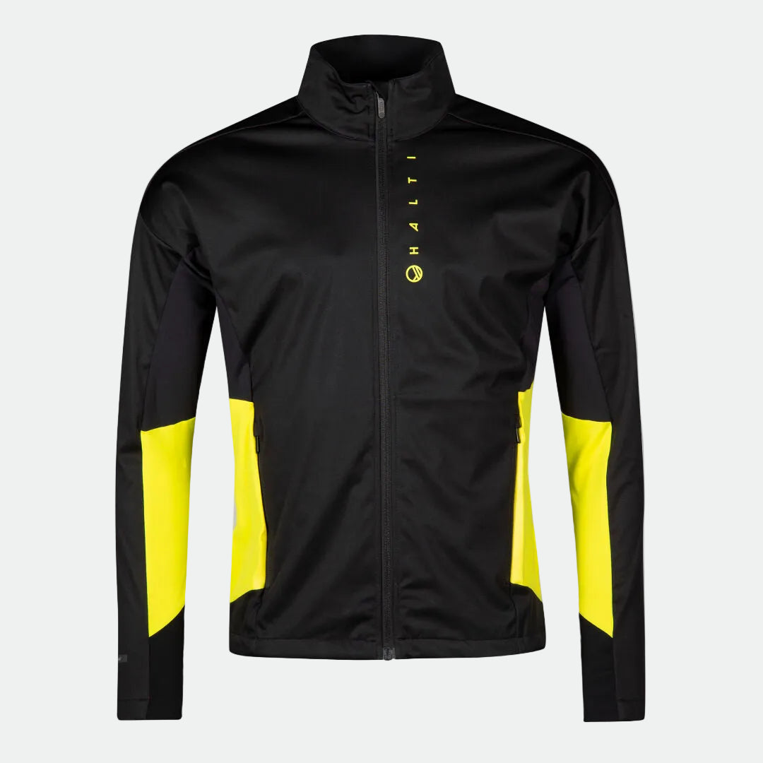 Halti Veloce Langlaufjacke Herren: Schwarz, gelbe Einsätze, vertikaler Text auf der Brust, Stormwall®-Stretchmaterial.