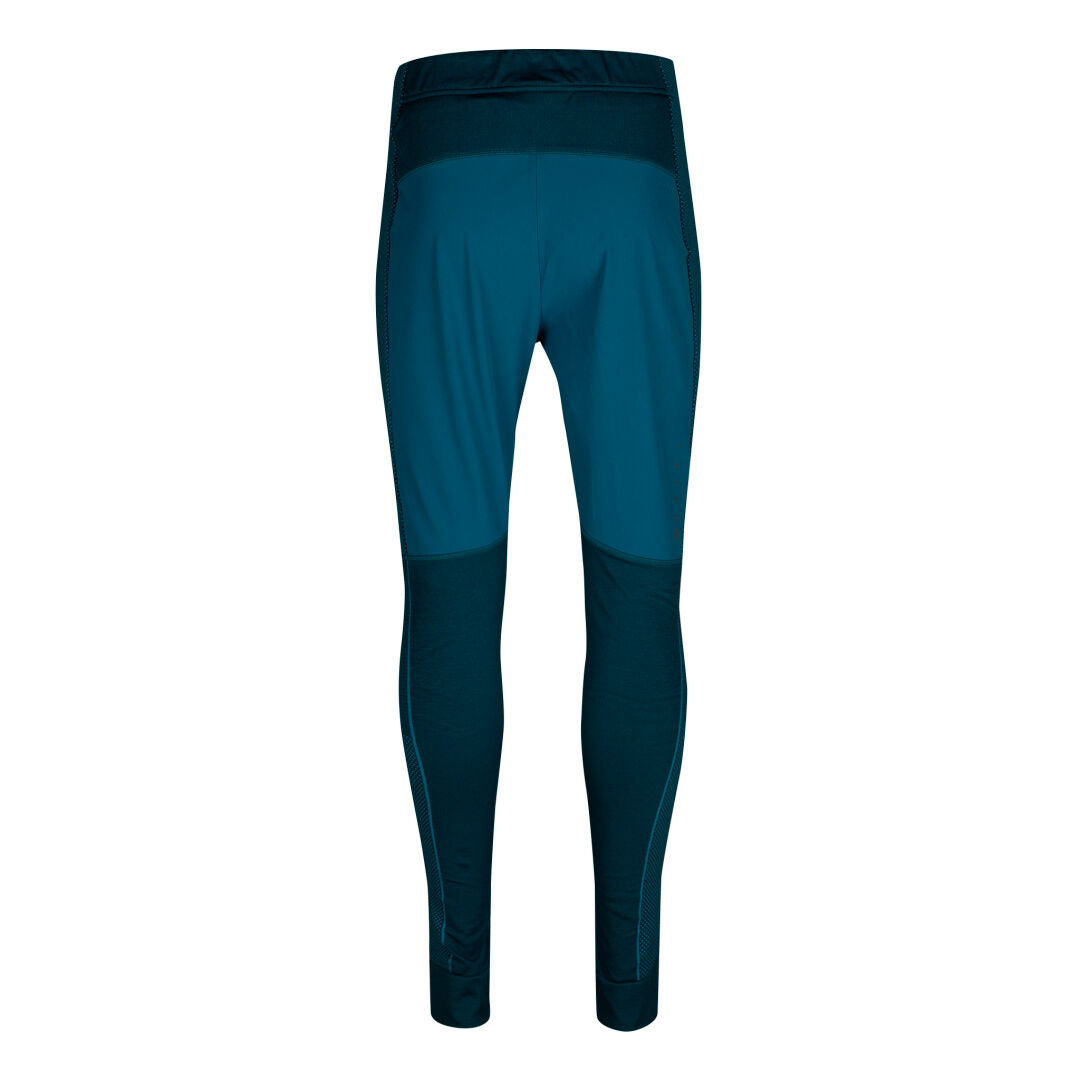 Rückansicht der Halti Tracks Damen Seamless Tights in Blaugrün/Dunkelblau, ideal für das Training im Freien, auf weißem Hintergrund.