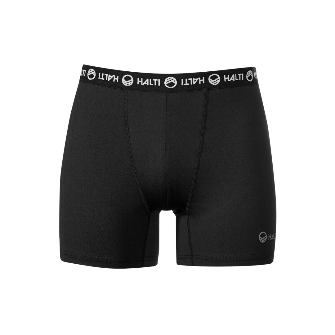 Halti Herren 2er-Pack Boxershorts, schwarz mit Markenbund und Logo auf dem linken Bein, abgebildet auf weißem Hintergrund.