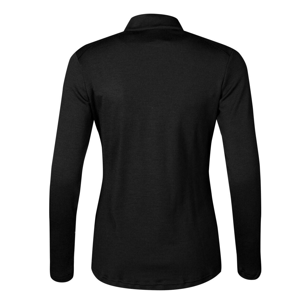 Rückansicht des Halti Woolforce Damen Merinowolle Hemds, langärmliges schwarzes Hemd für den Außenbereich auf weißem Hintergrund.