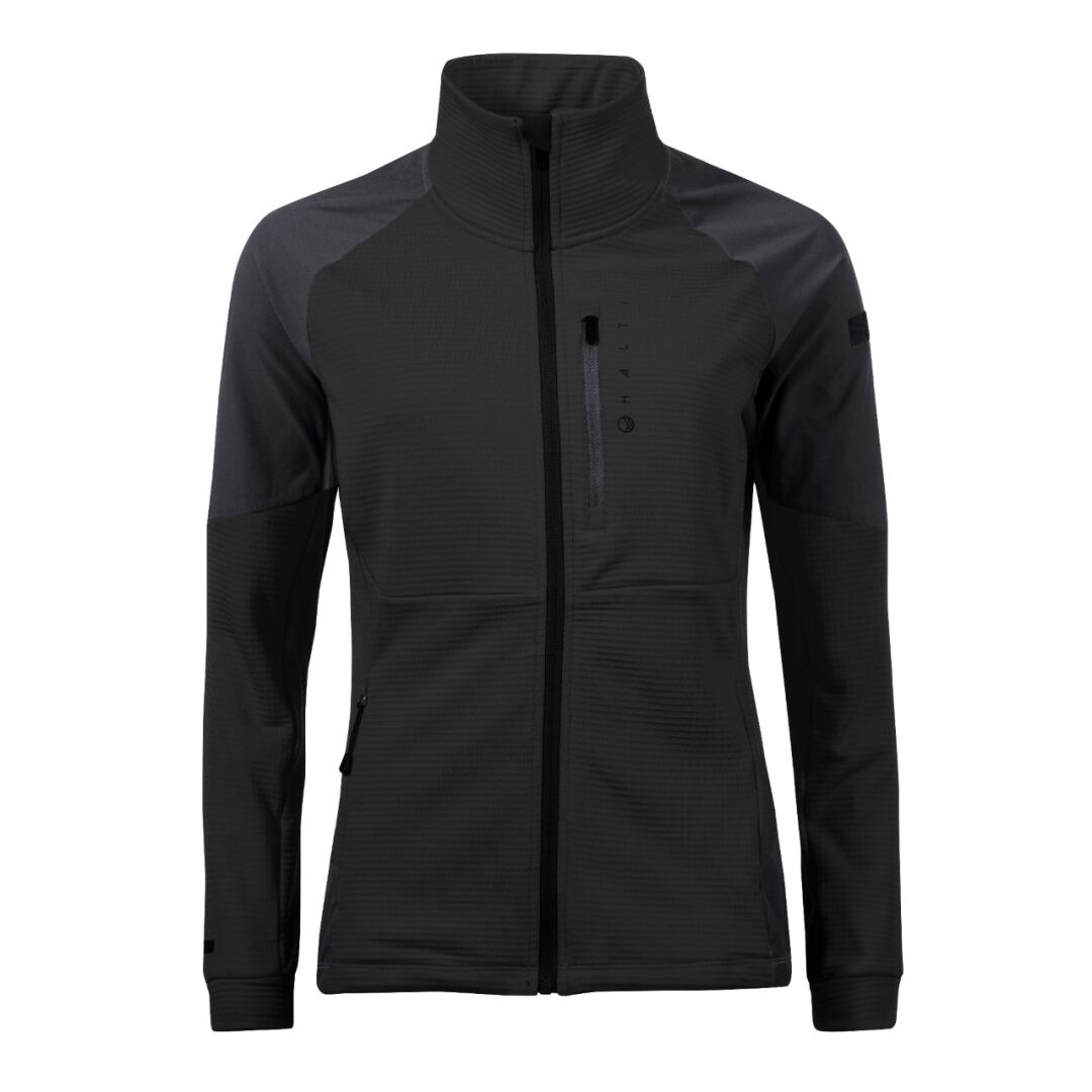 Die Halti Forerunner Damen Midlayer Jacke in Schwarz aus recycelten Materialien verfügt über Reißverschlusstaschen und einen hohen Kragen.