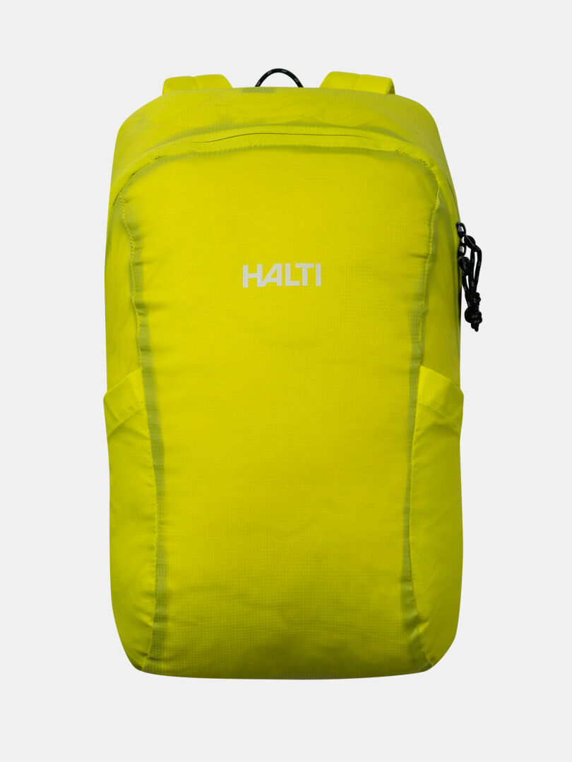 Der Halti Streetpack Rucksack in Gelb mit Seitenfächern, ultraleicht, ideal für Outdoor-Aktivitäten.