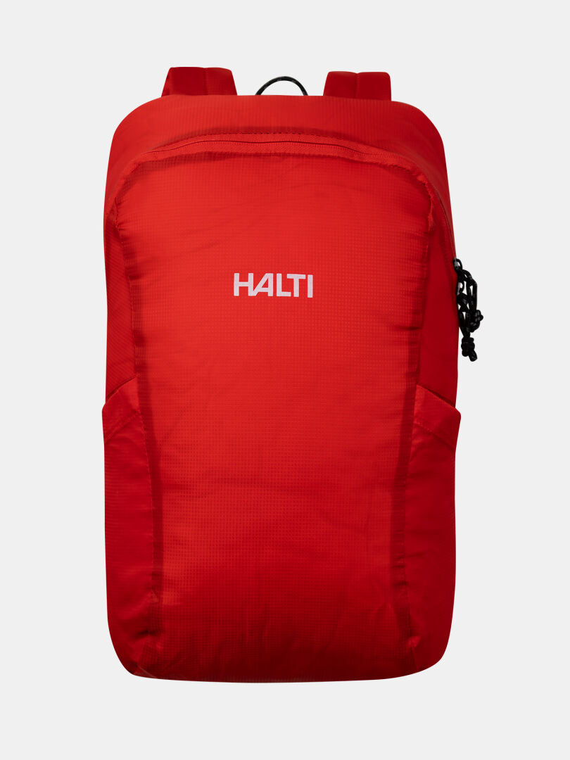 Ein roter Halti Streetpack Rucksack mit Frontreißverschluss und Seitentaschen, dargestellt auf einem schlichten weißen Hintergrund.