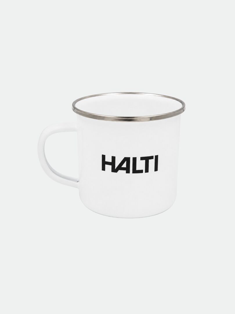 Halti-Emaillebecher – weißer Metallbecher mit silbernem Rand und schwarzem HALTI-Logo, ideal für dein nächstes Campingabenteuer.