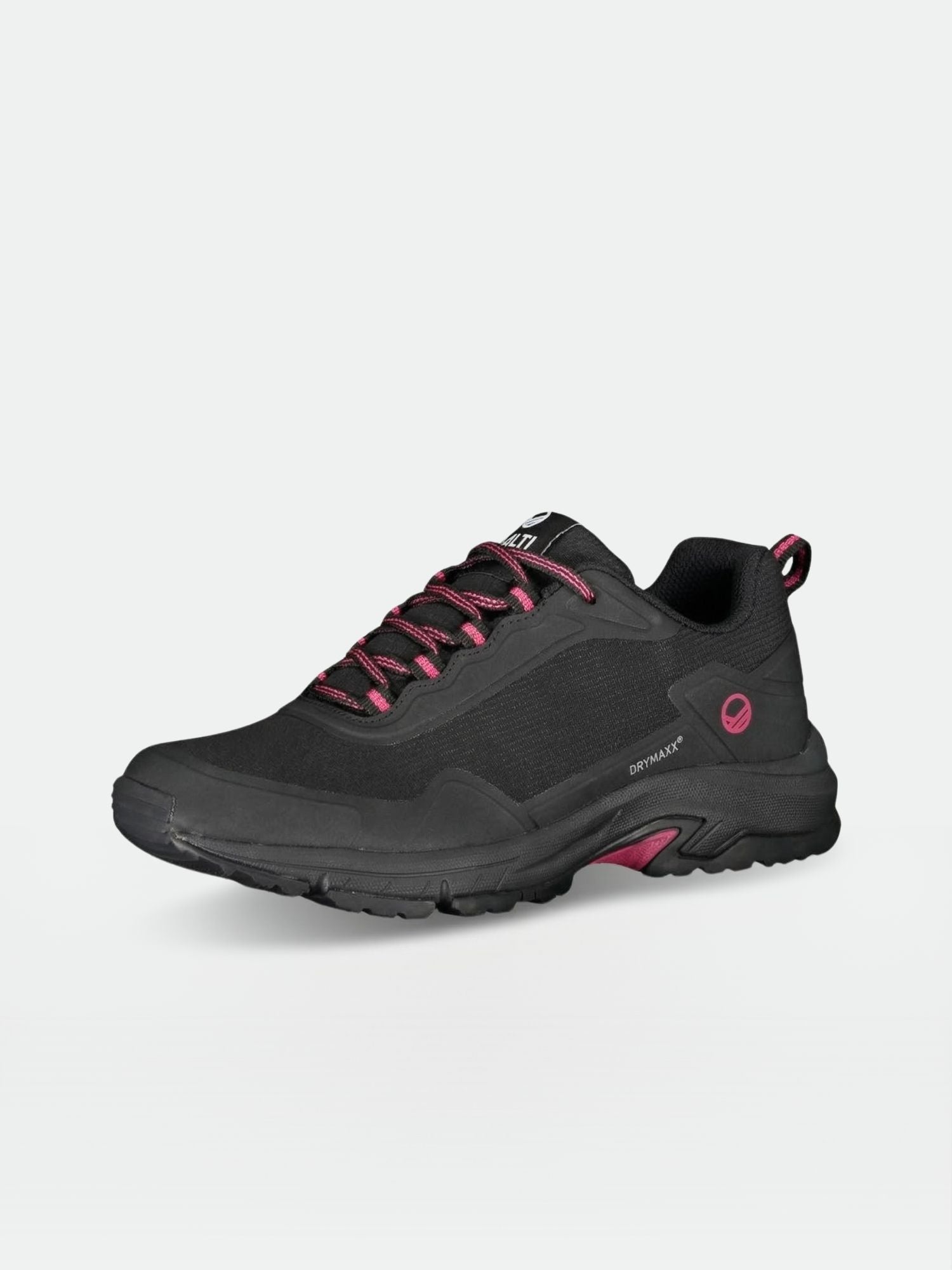 Ein schwarzer Halti Fara Damen Low 2 DX Schuh mit dunkelrosa Schnürsenkeln und Akzenten, gewinkelt auf einem schlichten weißen Hintergrund.