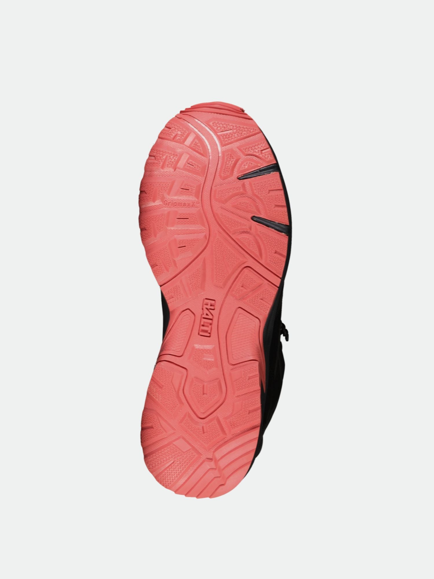 Das Bild zeigt die rosa strukturierte Sohle der schwarzen Halti Polaris Mid 2 DX Outdoor Schuhe Damen auf weißem Hintergrund.