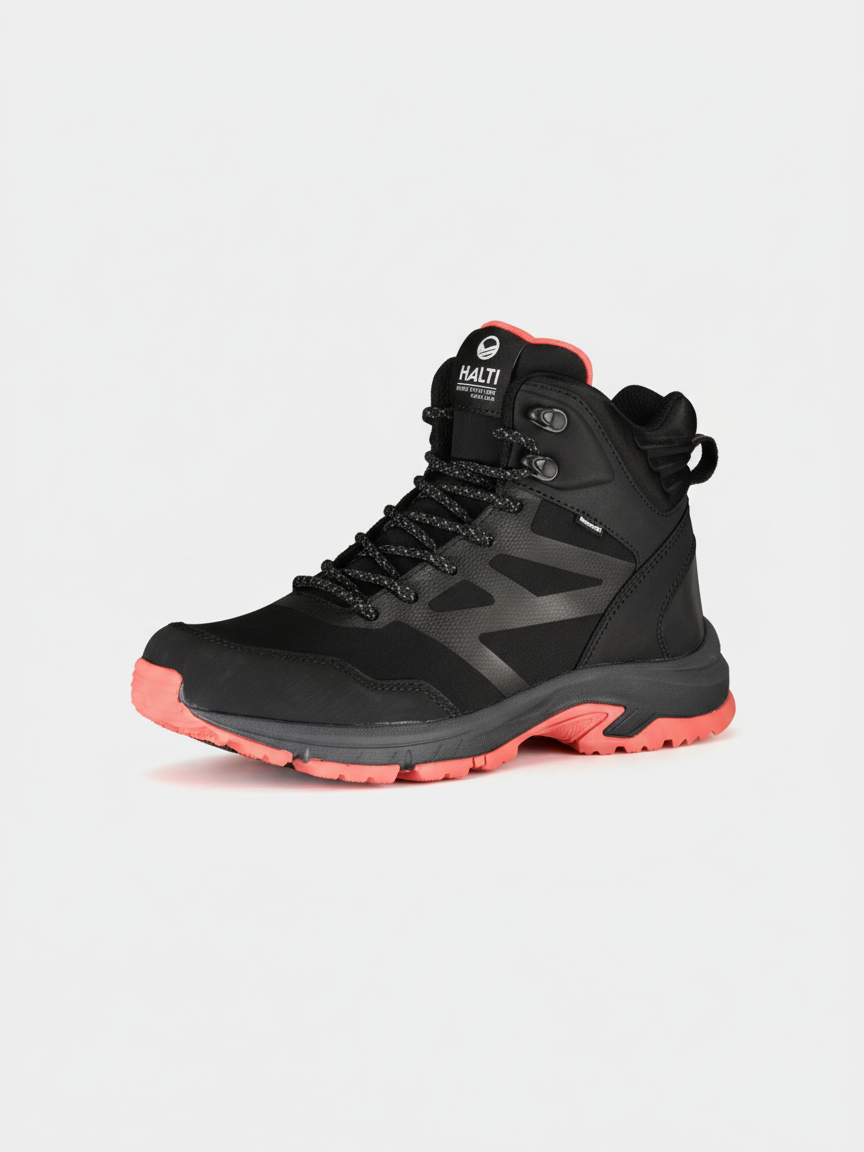 Die Halti Polaris Mid 2 DX Damen Outdoor-Schuhe in schwarz mit rosa Sohle und Akzenten, abgebildet auf weißem Hintergrund.