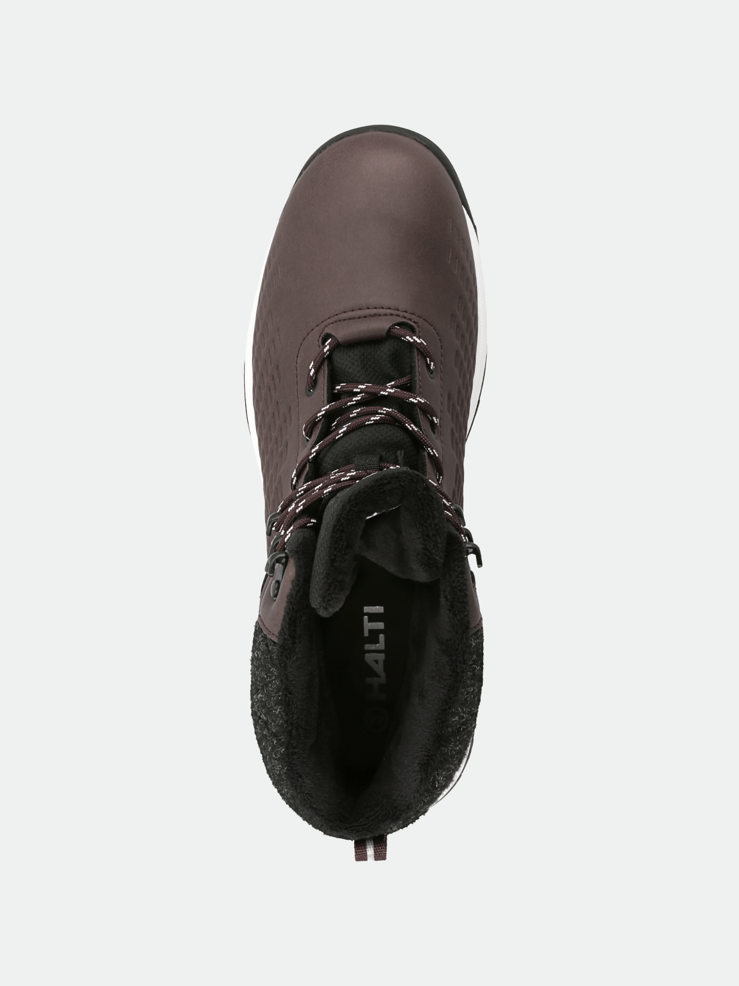 Der Halti Kevo Mid DrymaxX Winterstiefel Herren in braun mit schwarzem Futter, von oben gesehen auf weiß.