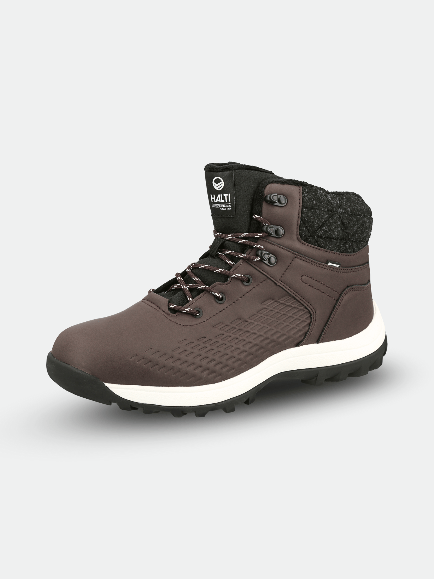 Ein einzelner Halti Kevo Mid DrymaxX Winterstiefel Herren in braun mit schwarzen Schnürsenkeln und gepolstertem Knöchel auf grauem Grund.