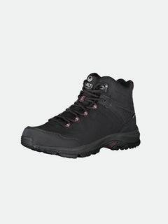 Der Halti Outdoor-Schuhe Mid DX Damen ist ein schwarzer Mid-Top-Wanderschuh mit GripmaxX-Sohle und roten Akzenten, wasserdicht.